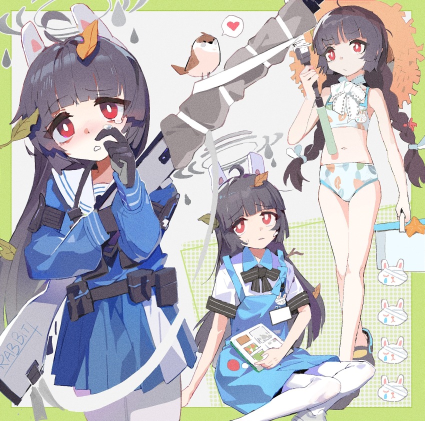 animal_ears apron banfenxuhuan899 bikini bird black_hair blue_archive braid cosplay crying fake_animal_ears flat_chest heart highres leaf long_hair miyu_(blue_archive) miyu_(swimsuit)_(blue_archive) multiple_views official_alternate_costume official_alternate_hairstyle petite rabbit_ears red_eyes school_uniform sidelocks sora_(blue_archive) sora_(blue_archive)_(cosplay) spoken_heart swimsuit twin_braids