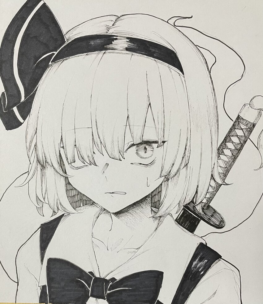 1girl bow bowtie highres hisha_(kan_moko) katana konpaku_youmu one_eye_covered short_hair solo sword touhou traditional_media weapon