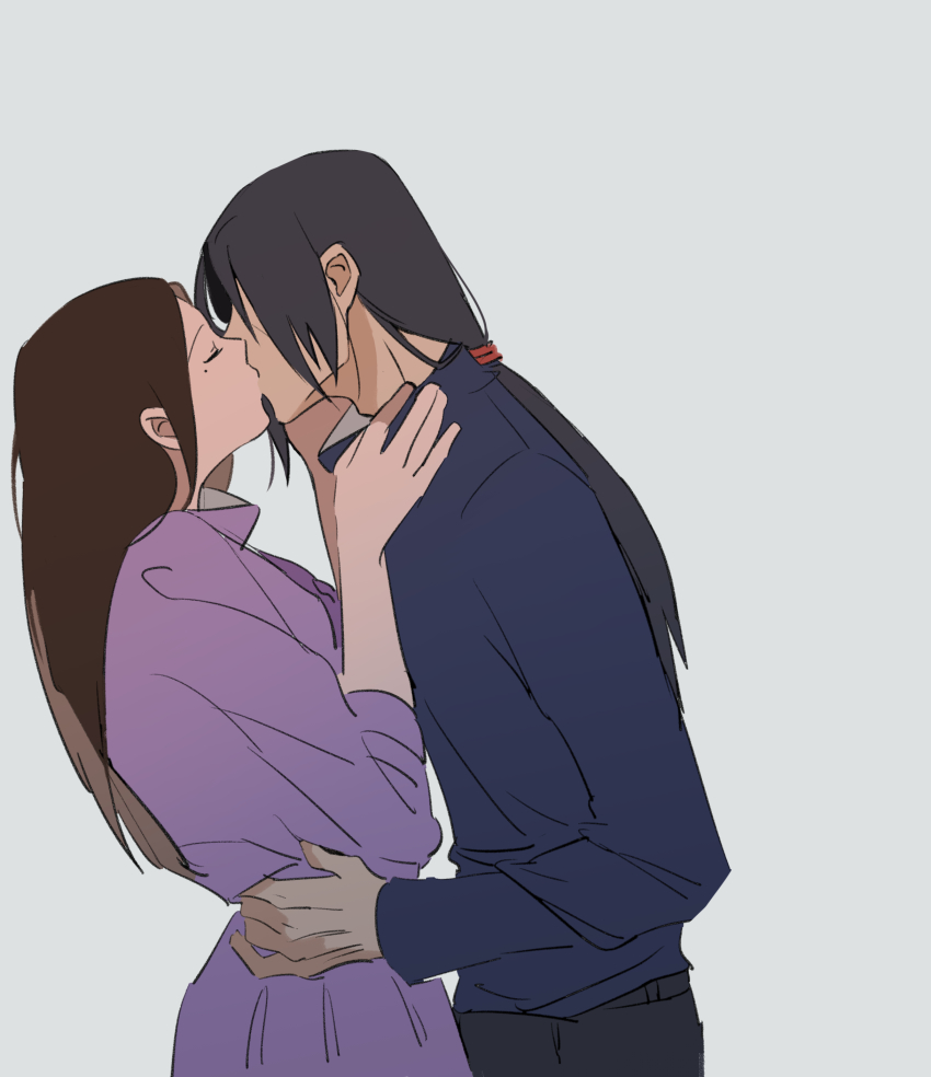 1boy 1girl absurdres amo0617 black_hair brown_hair couple dress closed_eyes hetero highres kiss long_hair long_sleeves low_ponytail mole mole_under_eye naruto_(series) naruto_shippuuden purple_dress uchiha_itachi uchiha_izumi