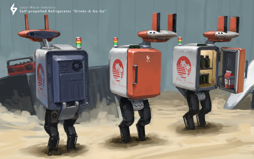 boombox can commentary drink_can english_text highres hozumi_sousei looking_ahead milk milk_carton monster_energy no_humans non-humanoid_robot open_door original radio refrigerator refrigerator_interior robot sand science_fiction signature soda_can standing