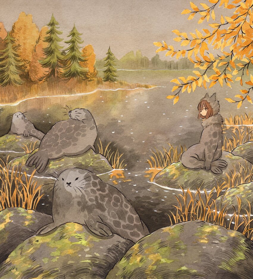 1girl animal autumn autumn_leaves bay black_eyes brown_coat brown_hair brown_hood cloud cloudy_sky coat commentary day english_commentary forest from_side fur_coat grass grey_sky heikala highres hood hood_up inktober leaf moss nature on_rock original outdoors painting_(medium) pine_tree profile rock scenery seal_(animal) selkie_(mythology) short_hair sitting sky solo traditional_media tree water watercolor_(medium) whiskers