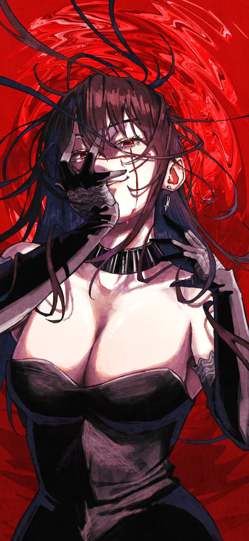 1girl absurdres black_dress black_hair blood blood_on_face breasts chainsaw_man cleavage clenched_teeth dress erupusai2 floating_hair grin hair_between_eyes hand_on_own_face highres large_breasts long_hair looking_at_viewer red_hair sidelocks simple_background sleeveless smile solo teeth upper_body yoru_(chainsaw_man)