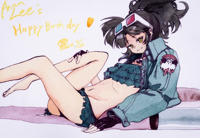 1girl 3d_glasses :3 an-an_lee bikini black_choker black_gloves black_hair character_name choker eyewear_on_head fingerless_gloves foot_out_of_frame frilled_bikini frills from_side gloves green_bikini green_jacket hakamori_shishamo happy_birthday highres jacket knees_up legs_up long_sleeves looking_at_viewer lying navel on_back painting_(medium) ponytail reverse:1999 solo stomach swimsuit traditional_media watercolor_(medium) white_background yellow_eyes yin_yang