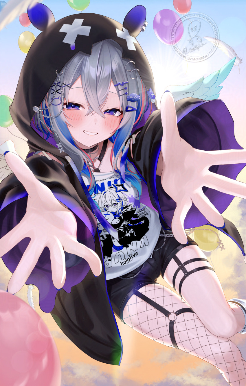 1girl :d absurdres alternate_costume amane_kanata amane_kanata_(punk_rock) artist_name asymmetrical_legwear balloon black_choker black_hat black_sleeves blue_coat blue_hair blue_sky bubble chain choker coat commentary_request detached_sleeves feathers feet_out_of_frame fishnets flying grey_hair hair_ornament hat highres hololive long_sleeves looking_at_viewer mismatched_legwear multicolored_hair open_mouth outstretched_arms pants purple_eyes shirt shorts sky smallpine_7 smile socks solo teeth tight_clothes tight_pants virtual_youtuber watermark white_shirt white_socks wide_sleeves x_hair_ornament