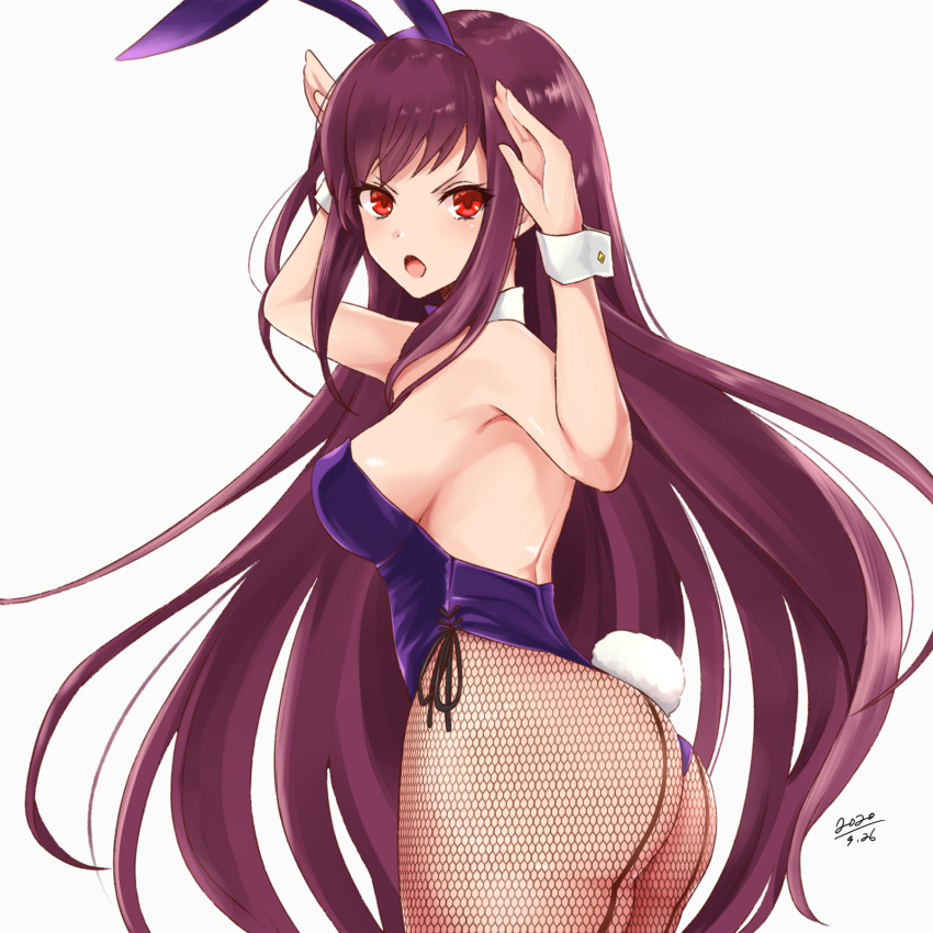 1girl akari4 animal_ears ass blush breasts detached_collar fake_animal_ears fate/grand_order fate_(series) fishnet_pantyhose fishnets hair_between_eyes hands_up highleg highleg_leotard highres large_breasts leotard long_hair looking_at_viewer looking_back official_alternate_costume open_mouth pantyhose playboy_bunny purple_hair purple_leotard rabbit_ears rabbit_pose rabbit_tail red_eyes scathach_(fate) scathach_(piercing_bunny)_(fate) simple_background tail thighs white_background wrist_cuffs