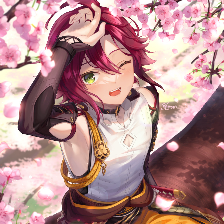 1boy ;d arm_up armpits cherry_blossoms clothing_cutout commentary_request day falling_petals from_above genshin_impact hakama hakama_shorts highres japanese_clothes jitte light_blush looking_at_viewer male_focus mole mole_under_eye one_eye_closed open_mouth orange_shorts outdoors petals red_hair shikanoin_heizou shorts signature sitting sitting_on_branch smile solo teeth upper_body upper_teeth_only wakame1441 weapon