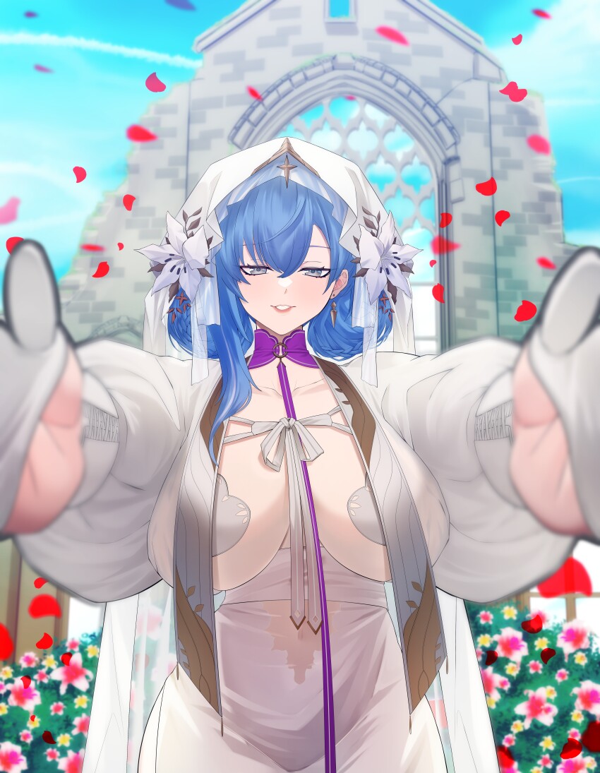 1girl absurdres blue_hair breasts commission dp-12_(girls&#039;_frontline) dp-12_(misty_cross)_(girls&#039;_frontline) flower girls&#039;_frontline hair_flower hair_ornament hands_on_another&#039;s_cheeks hands_on_another&#039;s_face highres large_breasts looking_at_viewer meme outstretched_arms pov pov_cheek_warming_(meme) samsam_s2s skindentation wedding