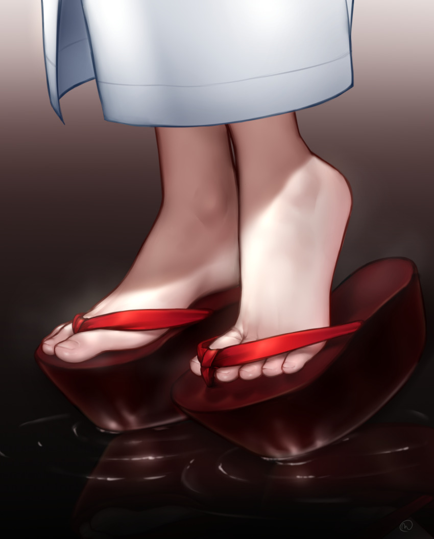 1girl close-up feet foot_focus gradient_background highres lower_body nikishiko okobo original sandals solo standing standing_on_liquid toeless_footwear toes