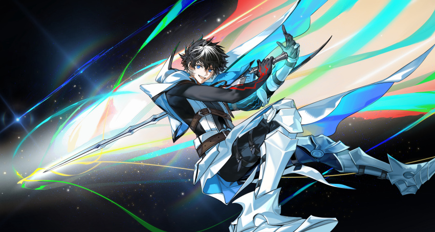 1boy absurdres arlizi armored_boots belt belt_buckle black_background black_bodysuit black_hair black_pants blue_eyes bodysuit boots brown_belt buckle cape charlemagne_(fate) chest_belt couter fate/extella fate/extella_link fate/extra fate/grand_order fate_(series) foreshortening full_body gauntlets hair_between_eyes hands_up highres holding holding_sword holding_weapon joyeuse_ordre_(fate) jumping long_sleeves looking_at_viewer male_focus multicolored_hair noble_phantasm_(fate) open_mouth pants popped_collar puffy_long_sleeves puffy_sleeves short_hair single_gauntlet single_sleeve smile solo star_(sky) streaked_hair sword teeth two-sided_cape two-sided_fabric two-tone_hair upper_teeth_only waist_cape weapon white_cape white_hair