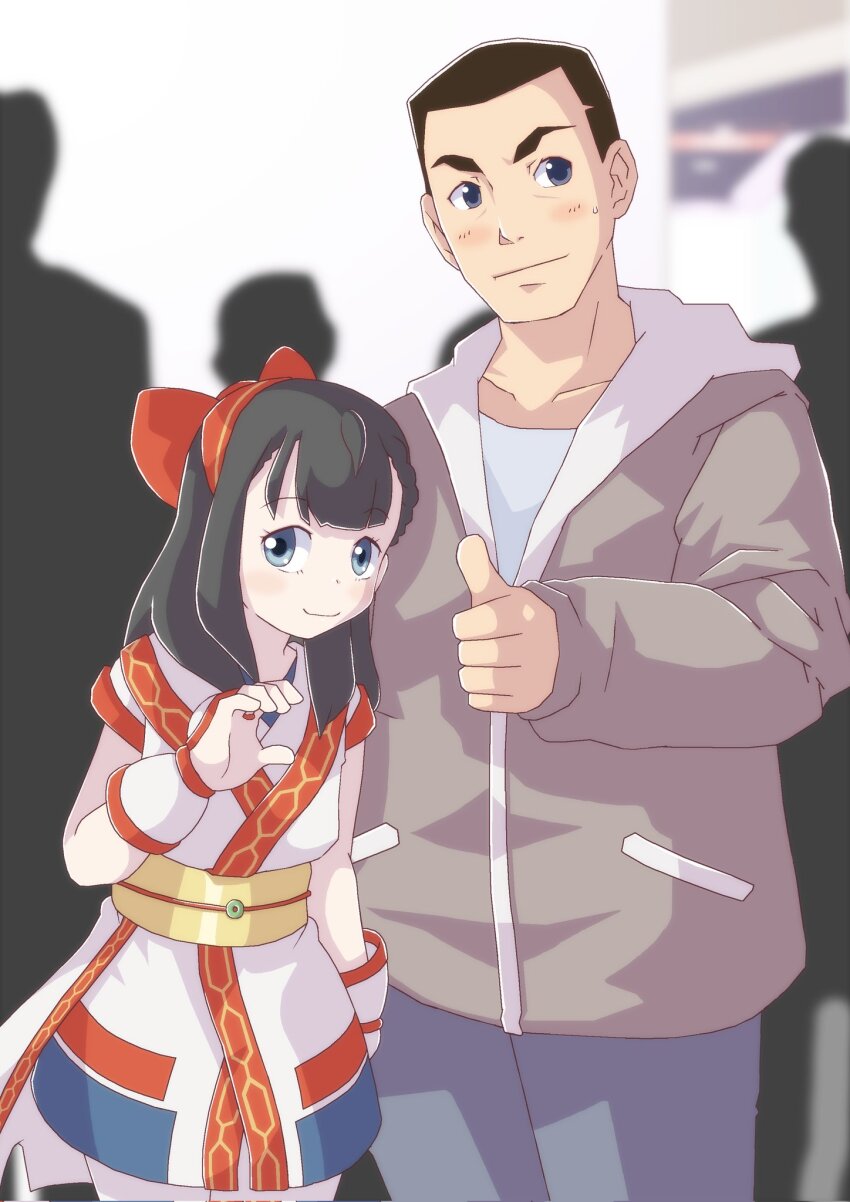 1boy 1girl ainu_clothes arm_around_neck black_hair blue_eyes breasts brown_hair fingerless_gloves gloves hair_ribbon hand_on_another&#039;s_shoulder heart_hands_failure height_difference highres legs long_hair looking_at_viewer nakoruru pants ribbon samurai_spirits short_hair small_breasts snk the_king_of_fighters the_king_of_fighters_xv thighs thumbs_up