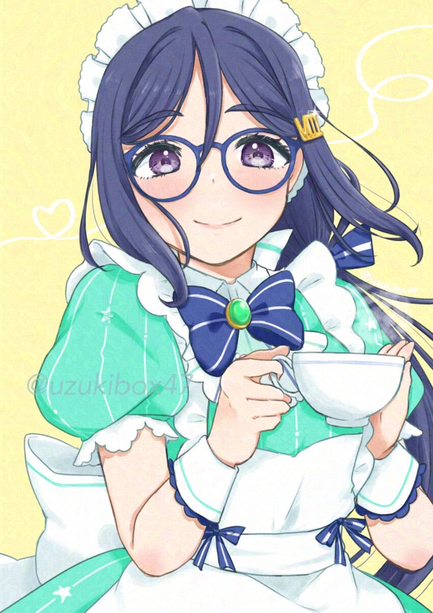 1girl apron aqua_dress blue-framed_eyewear blue_bow blue_bowtie blue_hair blush bow bowtie closed_mouth commentary cup dark_blue_hair dress frilled_apron frills glasses hair_between_eyes hair_bow hair_ornament hairclip heart heart_of_string highres holding holding_cup long_hair looking_at_viewer love_live! love_live!_sunshine!! low_ponytail maid matsuura_kanan pinstripe_bow pinstripe_bowtie pinstripe_dress pinstripe_pattern ponytail puffy_short_sleeves puffy_sleeves purple_eyes short_sleeves smile solo split_mouth steam teacup upper_body uzukibox47 white_apron white_wrist_cuffs wrist_cuffs yellow_background