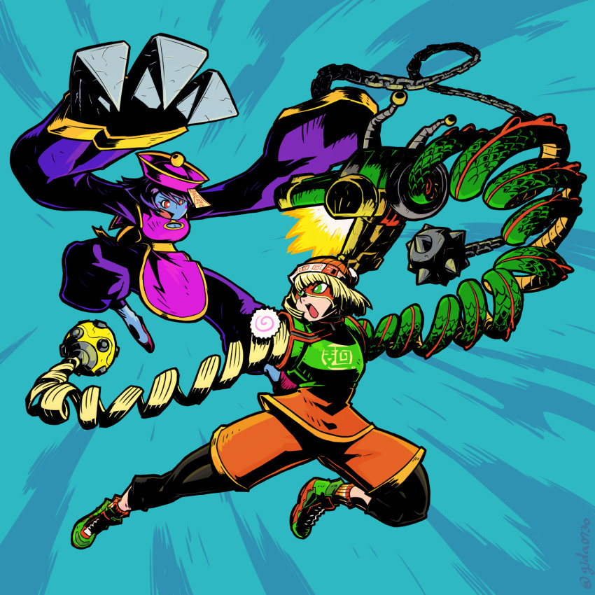 2girls arms_(game) ball_and_chain_(weapon) beanie blonde_hair blue_skin chest_guard chinese_clothes claw_(weapon) colored_skin darkstalkers domino_mask dragon_(arms) fighting green_eyes green_footwear hat highres hsien-ko jiangshi leggings_under_shorts mask megawatt_(arms) min_min_(arms) multiple_girls ofuda oldwillow orange_shirt orange_shorts orange_socks red_eyes shirt shoes short_hair shorts sneakers socks stretched_limb weapon wide_sleeves