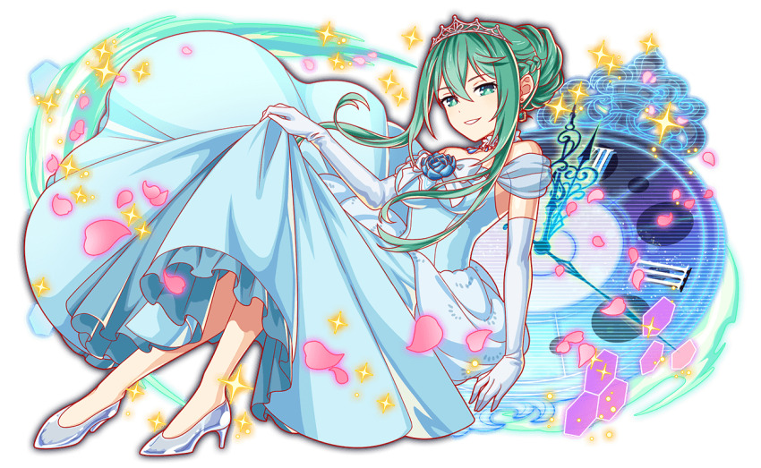 1girl blue_dress breasts cinderella clock crash_fever date_a_live dress elbow_gloves gloves green_eyes green_hair hair_between_eyes high_heels large_breasts long_hair looking_at_viewer kyouno_natsumi official_alternate_costume official_art second-party_source smile solo tachi-e teeth tiara transparent_background