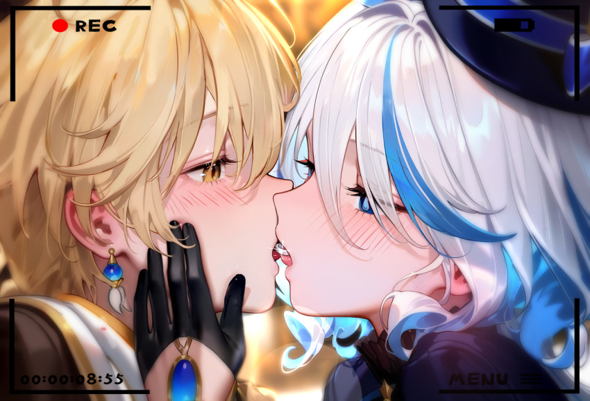 1boy 1girl aether_(genshin_impact) black_gloves blonde_hair blue_eyes blush earrings eye_contact french_kiss furina_(genshin_impact) genshin_impact gloves hand_on_another&#039;s_face jewelry kiss looking_at_another multicolored_hair short_hair shuimonianhua two-tone_hair viewfinder white_hair yellow_eyes