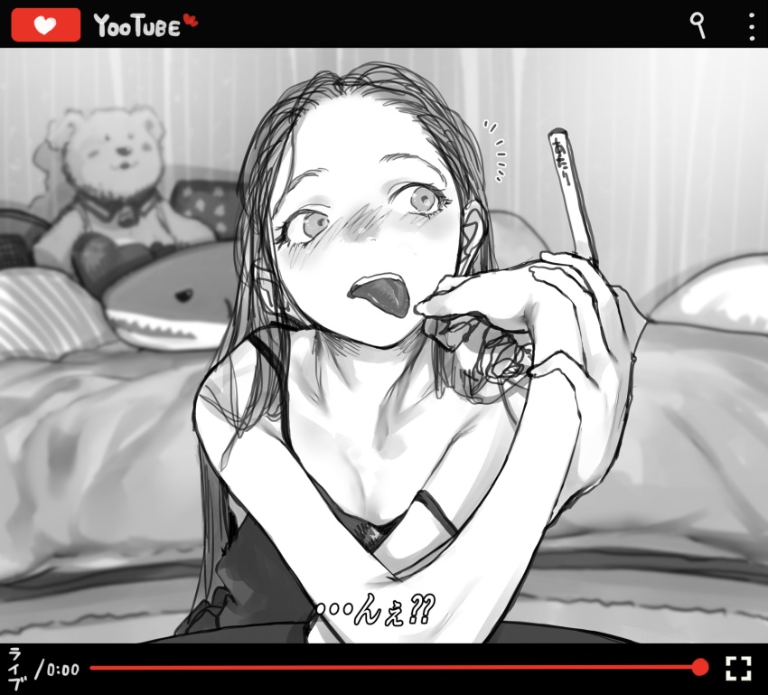 1girl :p armpits bed blush brand_name_imitation fake_video flat_chest haguhagu_(rinjuu_circus) highres livestream long_hair monochrome original pillow popsicle_stick sasha_(haguhagu) spot_color strap_slip stuffed_animal stuffed_shark stuffed_toy subtitled tank_top teddy_bear tongue tongue_out translation_request very_long_hair youtube youtube_logo