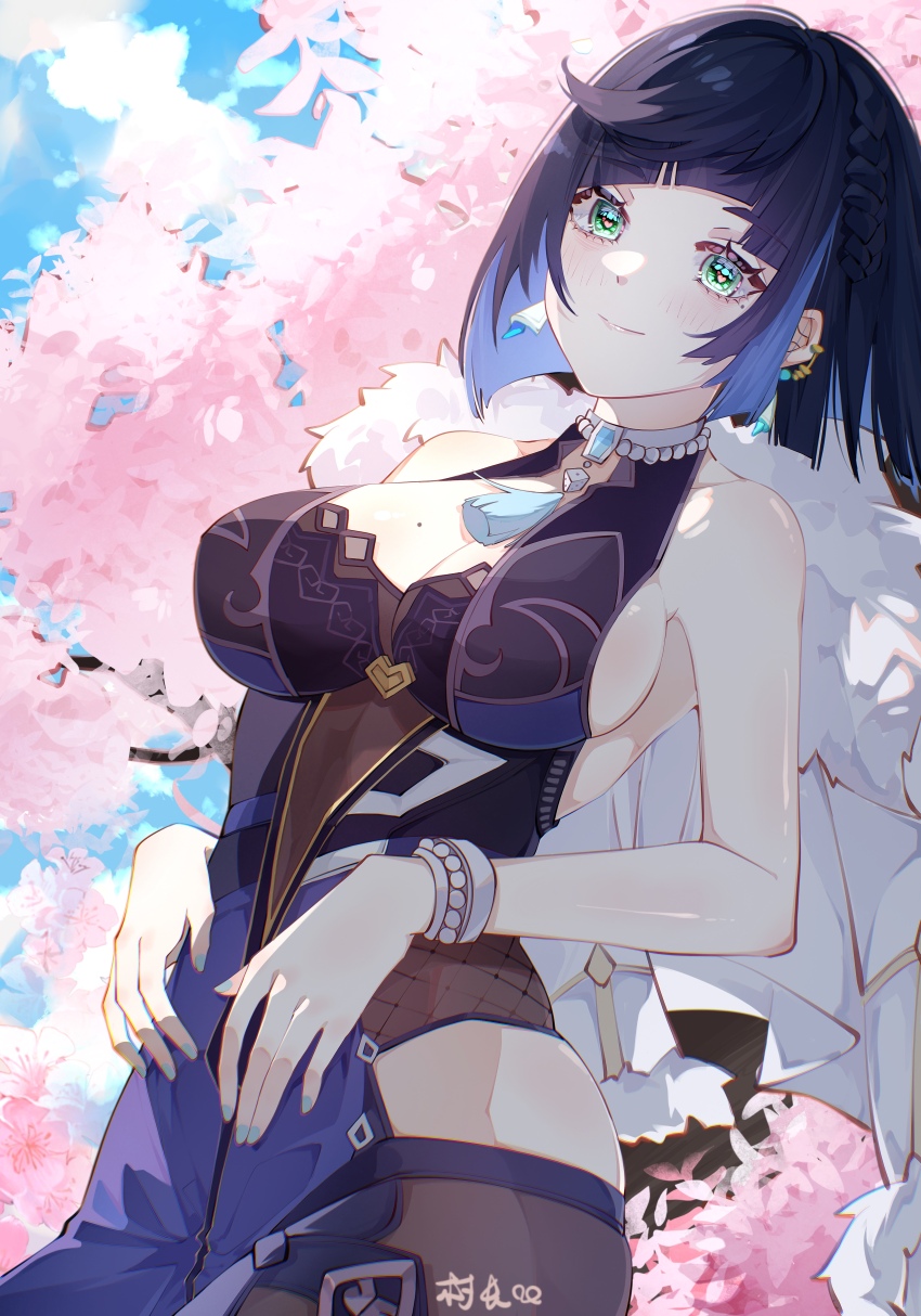 1girl absurdres blue_hair blue_nails blue_sky bracket breasts cherry_blossoms choker cleavage cowboy_shot dice earrings genshin_impact green_eyes highres jewelry large_breasts light_blush luobotou_cuncun_zhang multicolored_hair nail_polish outdoors short_hair signature sky sleeveless solo streaked_hair yelan_(genshin_impact)