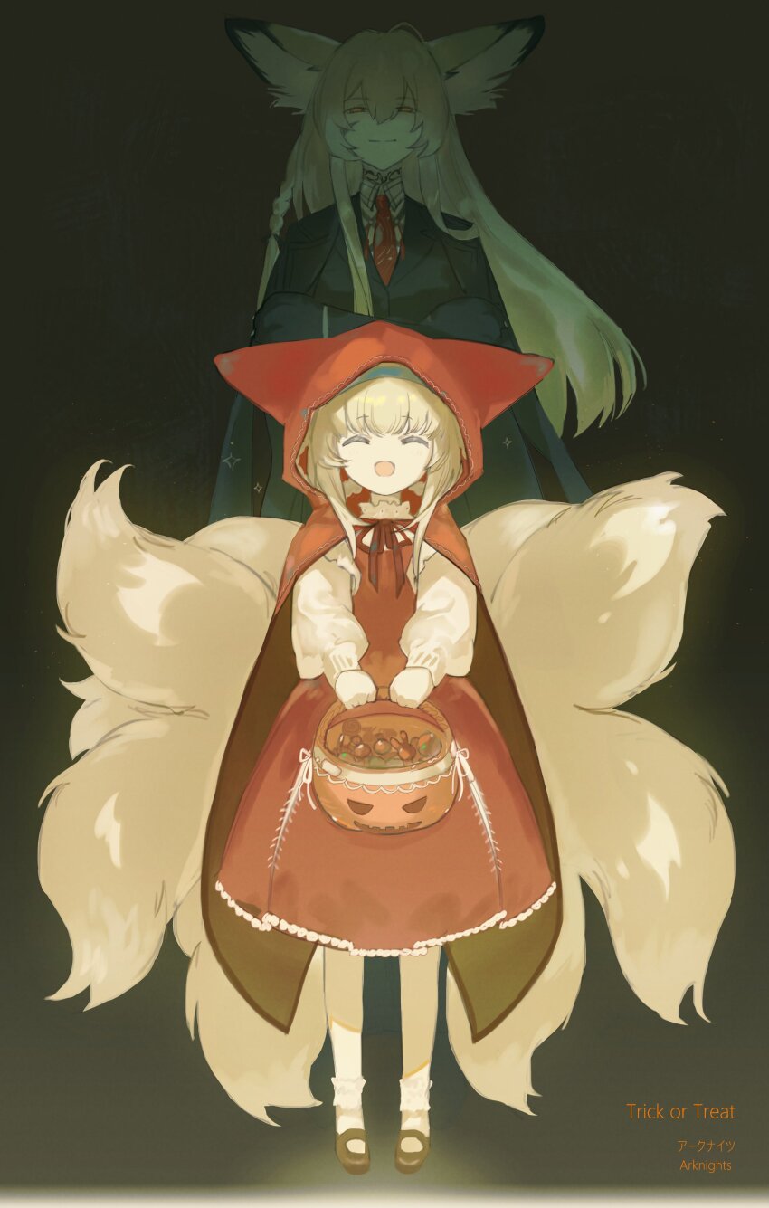 2girls absurdres animal_ear_hood animal_ears arknights black_suit blonde_hair braid cloak closed_eyes dress fake_animal_ears formal_clothes fox_ears fox_girl fox_tail glaring hair_between_eyes hairband halloween halloween_bucket highres hood hood_up hooded_cloak kitsune kyuubi long_hair mother_and_daughter multiple_girls multiple_tails necktie orange_eyes red_cloak ribbon smile suit suzuran_(arknights) tail trick_or_treat very_long_hair yuishironeko