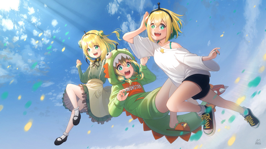 3girls :d absurdres acrylicstroke amano_pikamee apron arm_up bare_shoulders black_footwear black_hairband black_shorts blonde_hair blue_sky bobby_socks breasts brown_apron cloud commentary day dinosaur_costume double_bun english_commentary frilled_skirt frilled_sleeves frills green_eyes green_hair green_nails green_shirt green_skirt hair_between_eyes hair_bun hairband highres kirara_jump long_sleeves looking_at_viewer making-of_available midair multicolored_hair multiple_girls multiple_persona nail_polish off-shoulder_shirt off_shoulder open_mouth orange_footwear outdoors sharp_teeth shirt shoes short_shorts shorts signature skirt sky sleeves_past_wrists slippers small_breasts smile socks spikes teeth two-tone_hair virtual_youtuber voms white_shirt white_socks