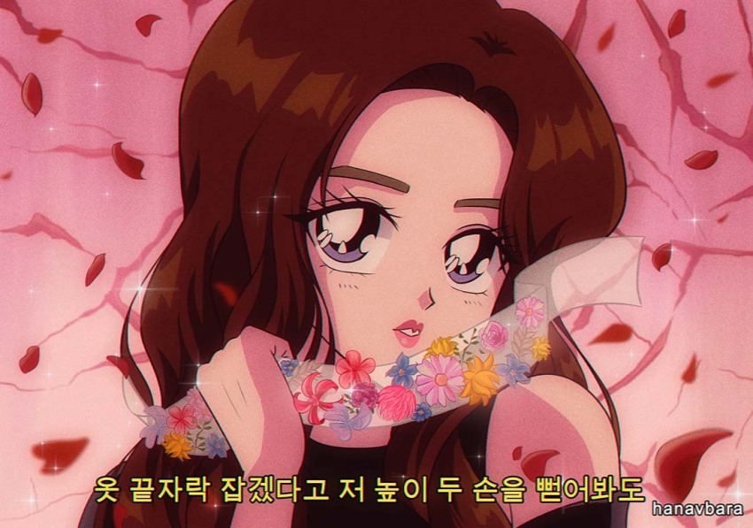 1990s_(style) 1girl artist_name blackpink brown_hair close-up commentary english_commentary flower gradient_background hanavbara jisoo_(blackpink) k-pop long_hair makeup mascara parted_lips petals pink_background pink_lips real_life red_petals retro_artstyle solo