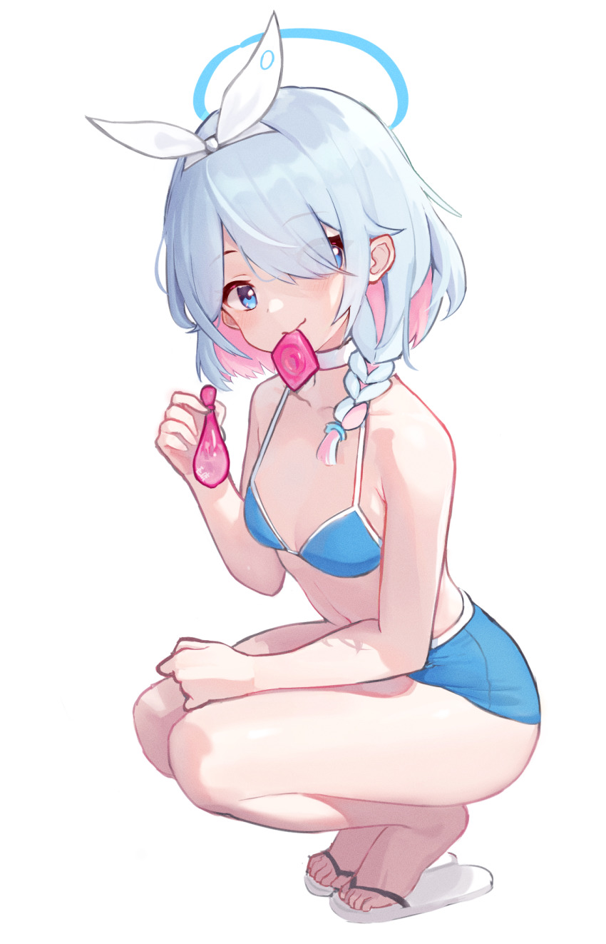 1girl arona_(blue_archive) bikini bikini_top_only blue_archive blue_bikini blue_eyes blush braid breasts choker condom condom_in_mouth condom_wrapper full_body grey_hair hair_over_one_eye hairband highres holding holding_condom karon looking_at_viewer mouth_hold sandals short_hair simple_background small_breasts smile solo squatting swimsuit used_condom white_background