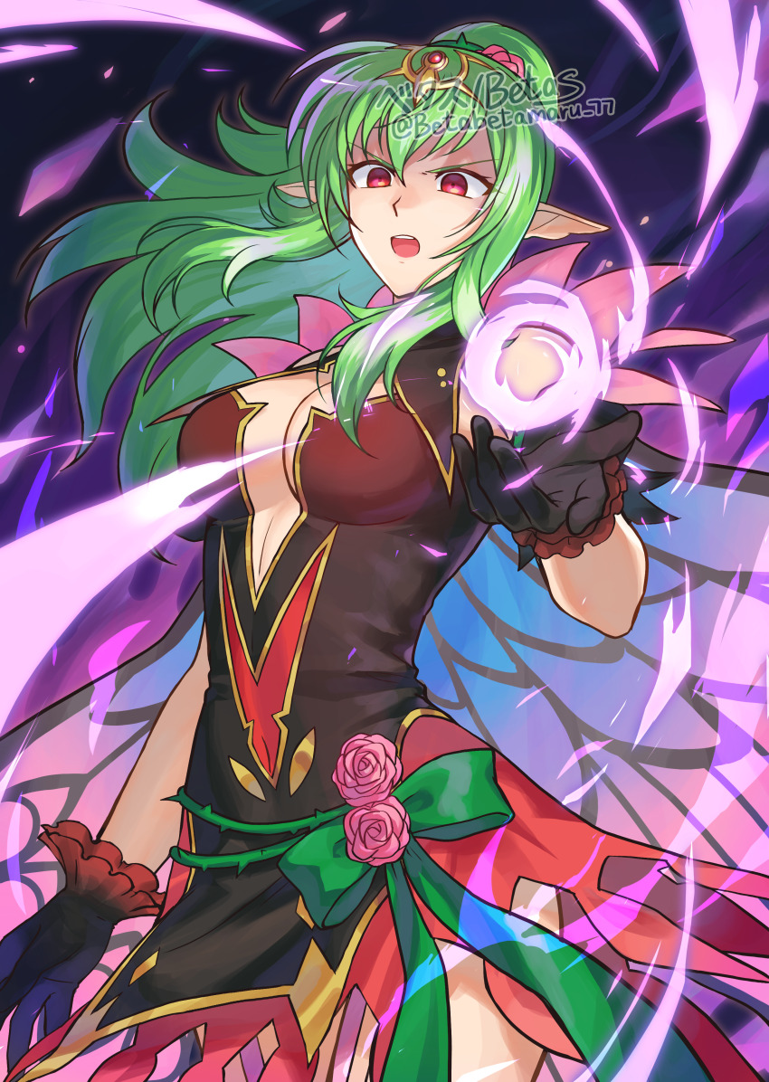 1girl absurdres betabetamaru black_dress black_gloves breasts cleavage commentary_request commission dress fire_emblem fire_emblem_awakening fire_emblem_heroes floating_hair gloves green_hair highres long_hair looking_at_viewer magic medium_breasts nintendo official_alternate_costume pointy_ears ponytail red_eyes skeb_commission solo tiki_(adult)_(fire_emblem) tiki_(adult)_(resplendent)_(fire_emblem) tiki_(fire_emblem) twitter_username