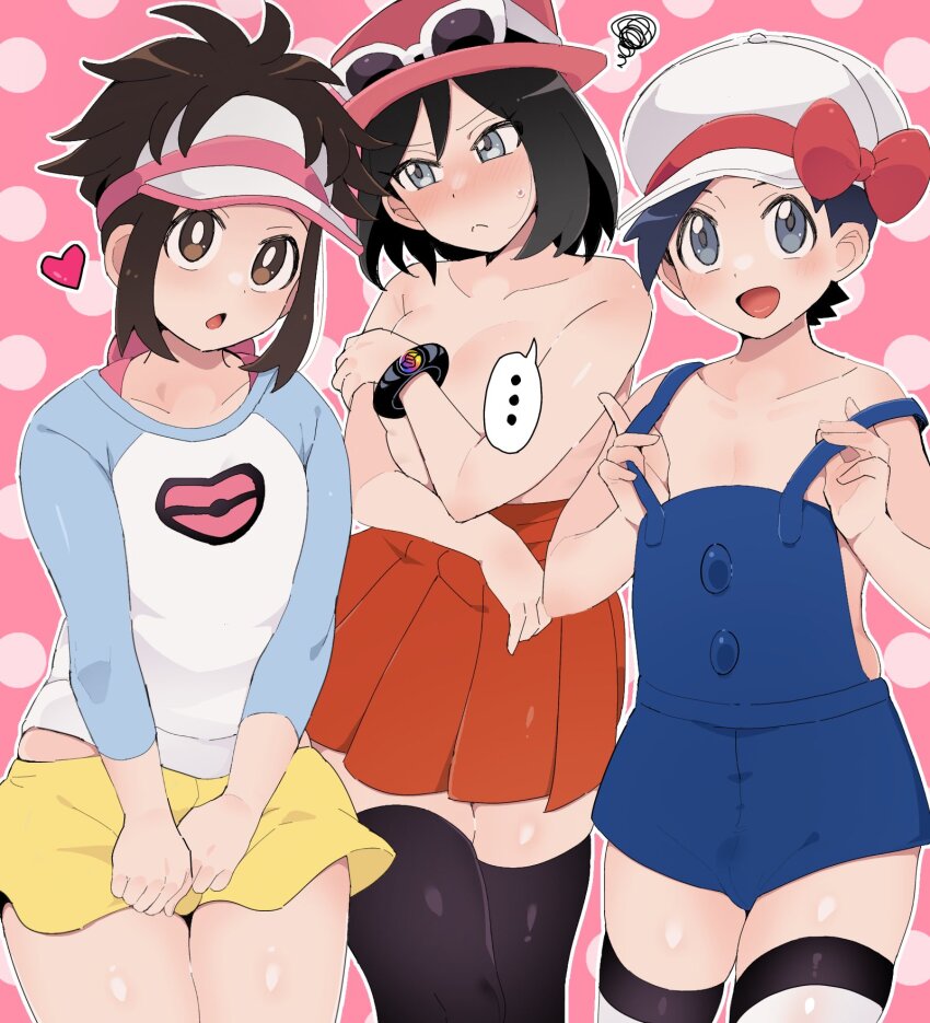 ... 3boys :o black_thighhighs blue_overalls bow bright_pupils brown_eyes brown_hair calem_(pokemon) collarbone commentary_request cosplay creatures_(company) crossdressing ethan_(pokemon) eyewear_on_headwear game_freak hat hat_bow heart high-waist_skirt highres lyra_(pokemon) lyra_(pokemon)_(cosplay) male_focus mega_ring multiple_boys nate_(pokemon) nintendo no_legwear open_mouth overalls pink_background pink_hat pleated_skirt pokemon pokemon_bw2 pokemon_hgss pokemon_xy porkpie_hat raglan_sleeves red_bow red_skirt rosa_(pokemon) rosa_(pokemon)_(cosplay) sana_(37pisana) serena_(pokemon) serena_(pokemon)_(cosplay) shirt short_hair shorts skirt spoken_ellipsis squiggle strap_slip sunglasses thighhighs topless_male visor_cap white_hat white_pupils white_thighhighs yellow_shorts