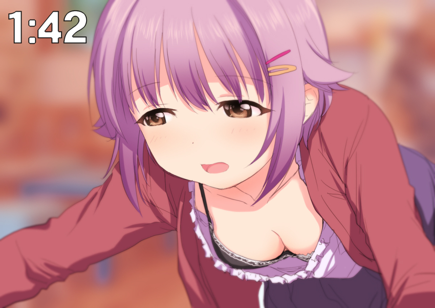 1girl bent_over black_bra blurry blush bra breasts brown_eyes depth_of_field downblouse idolmaster idolmaster_cinderella_girls koshimizu_sachiko looking_to_the_side open_mouth purple_hair sakaki_imasato short_hair skirt small_breasts solo underwear