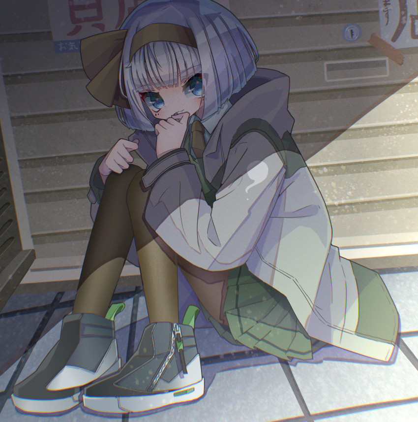 1girl absurdres adapted_costume black_footwear black_hairband black_pantyhose blue_eyes closed_mouth collared_shirt contemporary from_side full_body green_skirt grey_hair hairband hand_on_own_knee hand_to_own_mouth highres jacket konpaku_youmu long_sleeves looking_at_viewer medium_hair on_ground pantyhose pleated_skirt shirt shoes sitting skirt solo touhou veni_tsubaki white_jacket