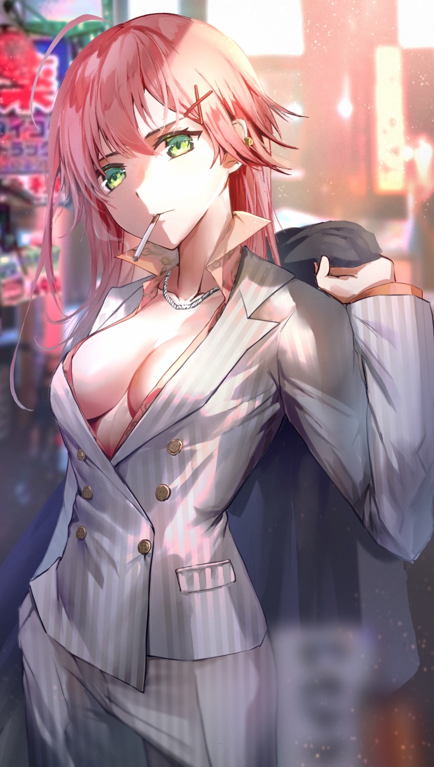 1girl absurdres ahoge alternate_costume blurry breasts buttons cigarette city coat coat_on_shoulders cosplay depth_of_field double-breasted formal_clothes green_eyes hair_down hair_ornament hand_in_pocket hand_up highres holding holding_unworn_clothes holding_coat holding_unworn_clothes hololive jewelry kiryu_kazuma kiryu_kazuma_(cosplay) lims_(neko2lims) long_hair looking_at_viewer medium_breasts necklace outdoors pants pink_hair ryuu_ga_gotoku_(series) sakura_miko sakura_miko_(1st_costume) shirt sideboob sign smoking solo striped_clothes striped_shirt suit swept_bangs vertical-striped_clothes vertical-striped_shirt virtual_youtuber x_hair_ornament yakuza