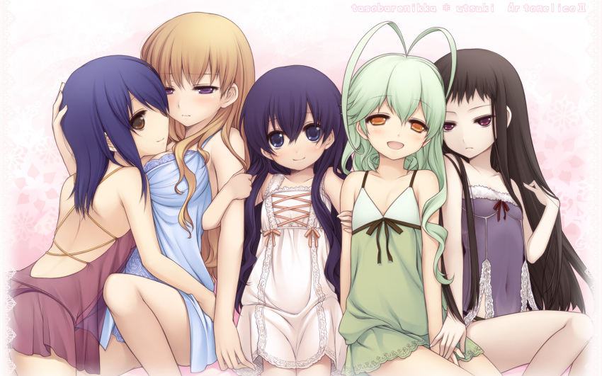 5girls antenna_hair ar_tonelico ar_tonelico_ii bad_id bad_pixiv_id black_hair blonde_hair blue_hair chroche_latel_pastalie cocona_vatel frelia_(ar_tonelico) frelia_ansul_solmarta frills green_hair gust highres jakuri_(ar_tonelico) long_hair luca_truelywaath multiple_girls open_mouth purple_eyes purple_hair red_eyes ribbon see-through_clothes short_hair smile utsugi_(skydream) yellow_eyes yuri