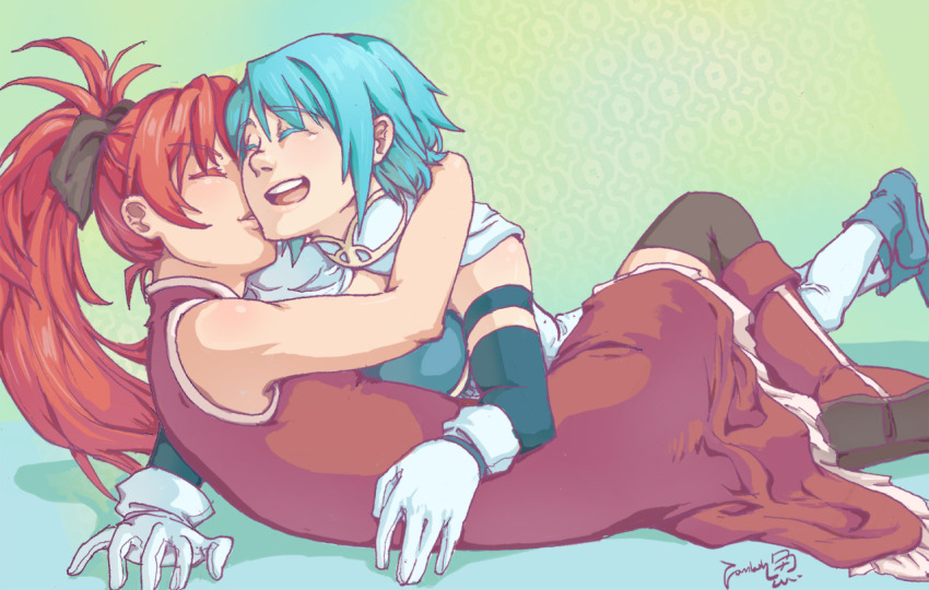 ^_^ artist_logo black_ribbon black_socks blue_footwear blue_hair boots cape closed_eyes commentary couple english_commentary gloves hair_ribbon high_ponytail hug kneehighs long_hair lying lying_on_person magical_girl mahou_shoujo_madoka_magica miki_sayaka miki_sayaka_(magical_girl) on_back open_mouth red_footwear red_hair ribbon river_cinders sakura_kyoko sakura_kyoko_(magical_girl) short_hair sleeveless socks teeth upper_teeth_only white_cape white_gloves white_socks