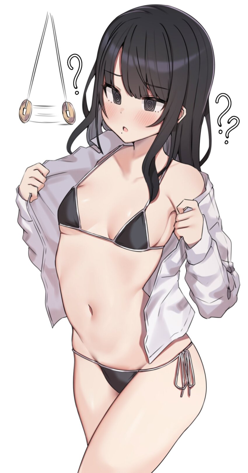 1girl :o ? @_@ aa211108 afterimage bikini black_bikini black_hair blush breasts coin coin_on_string commentary groin highres hypnosis idolmaster idolmaster_shiny_colors kazano_hiori long_hair looking_at_object mind_control mole mole_under_mouth navel open_clothes open_shirt pendulum shirt side-tie_bikini_bottom simple_background single_bare_shoulder small_breasts solo stomach string_bikini swimsuit white_background white_shirt