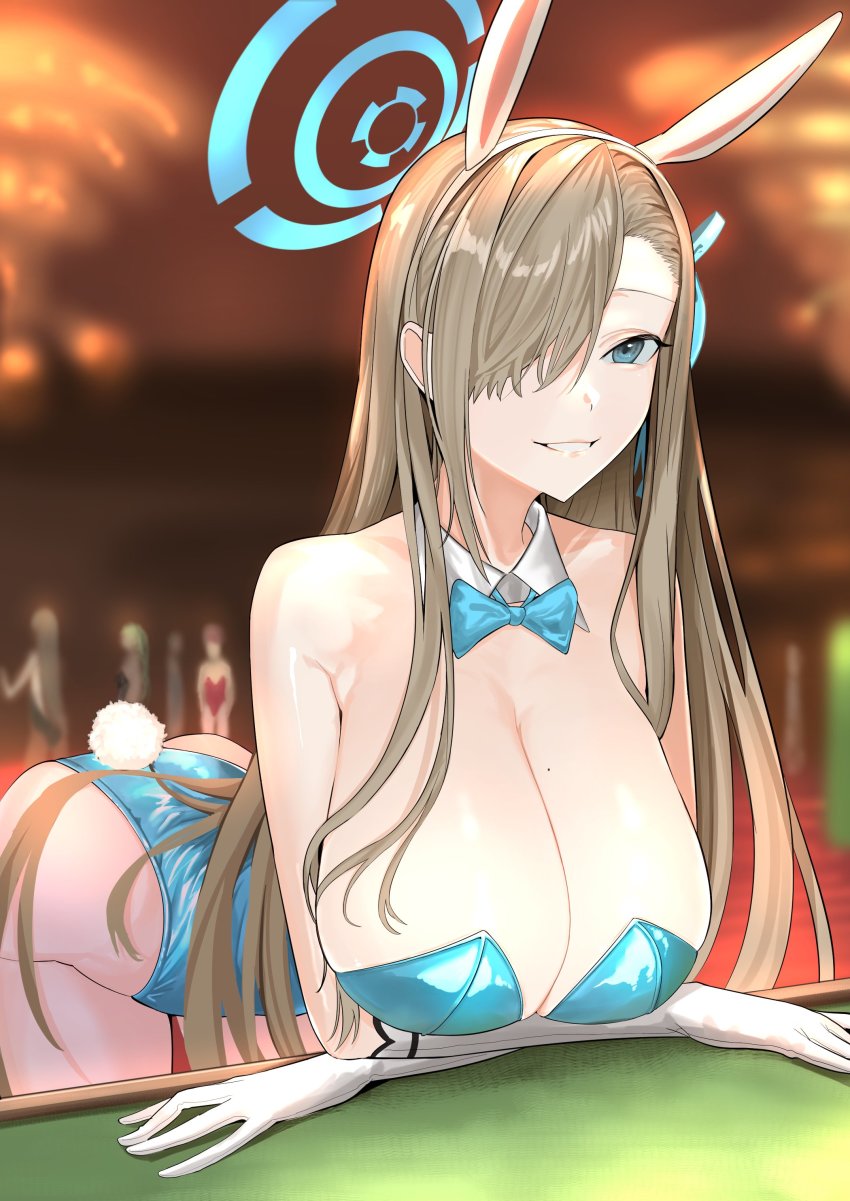 absurdres animal_ears asuna_(blue_archive) asuna_(bunny)_(blue_archive) blue_archive blue_bow blue_bowtie blue_leotard bow bowtie breasts detached_collar fake_animal_ears gloves hair_over_one_eye halo highleg highleg_leotard highres huug large_breasts leotard light_brown_hair playboy_bunny rabbit_ears solo strapless strapless_leotard white_gloves