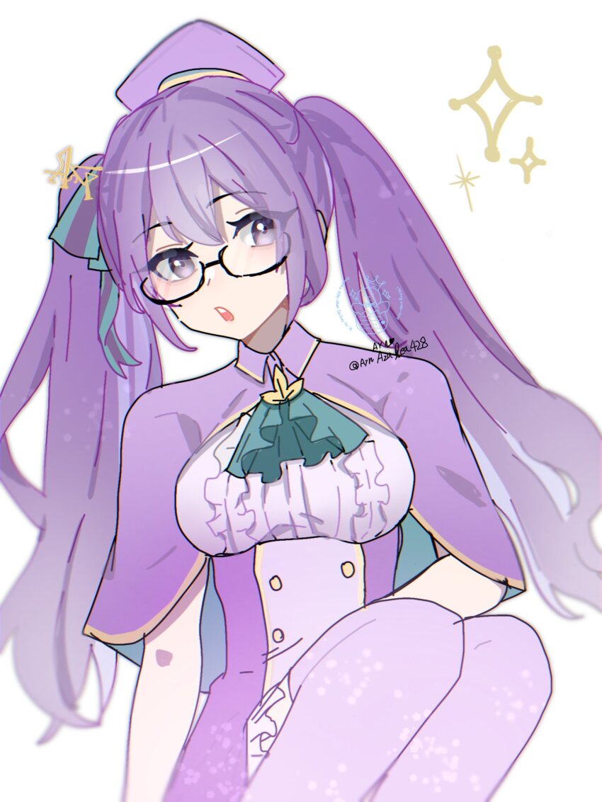 1girl ascot breasts collared_shirt fate/grand_order fate_(series) glasses hair_ribbon hat highres long_hair medium_breasts official_alternate_costume open_mouth purple_eyes purple_hair ribbon shirt short_sleeves simple_background sion_eltnam_atlasia sion_eltnam_atlasia_magical_sion solo star_(symbol) twintails user_nhnd2433 white_background