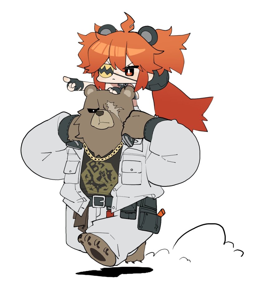 1boy 1girl animal_ears bear_boy bear_ears ben_bigger black_sclera chain chain_necklace chibi closed_mouth colored_sclera commentary fake_animal_ears furry furry_male gachop99 hair_between_eyes highres jacket jewelry koleda_belobog long_hair long_sleeves necklace open_clothes open_jacket pointing red_eyes red_hair scar scar_across_eye shirt simple_background symbol-only_commentary white_background zenless_zone_zero