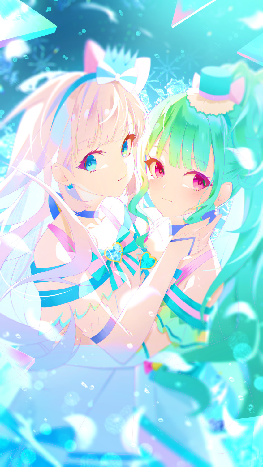 2girls absurdres aqua_hair aqua_hat blue_choker blue_eyes blue_hairband blurry bokeh bow brooch choker closed_mouth commentary crown crown_earrings cure_lillian cure_nyammy depth_of_field dress earrings elbow_gloves feathers gloves hair_bow hairband half_gloves hat heart heart_brooch highres hug jewelry kiratto777 light_frown light_particles light_smile long_hair looking_at_viewer magical_girl mini_crown mini_hat mini_top_hat multiple_girls nekoyashiki_mayu nekoyashiki_yuki pink_bow pointed_crown precure purple_eyes side_ponytail standing top_hat very_long_hair white_dress white_feathers white_gloves white_hair wonderful_precure!