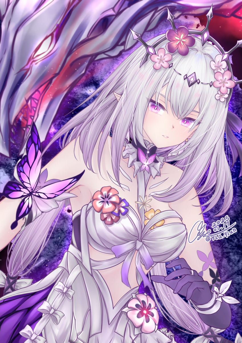 1girl bare_shoulders breasts bug butterfly castorice_(honkai:_star_rail) closed_mouth commentary_request dated dragon dress flower_ornament head_wreath highres honkai:_star_rail honkai_(series) insect long_hair medium_breasts pointy_ears purple_hair purple_hands twitter_username upper_body white_dress y.l.q.