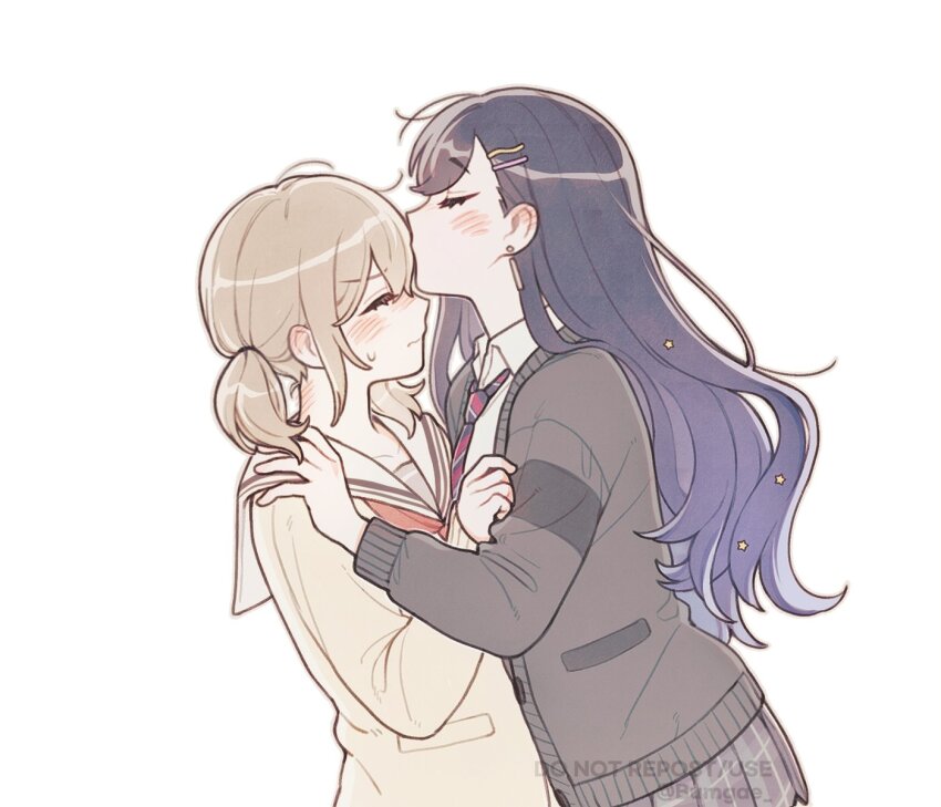 2girls azusawa_kohane black_cardigan black_hair blush bow bowtie brown_hair cardigan closed_eyes closed_mouth collared_shirt commentary ear_blush gradient_hair hair_ornament hand_on_another&#039;s_shoulder highres kiss kissing_forehead long_hair multicolored_hair multiple_girls neckerchief project_sekai purple_hair red_bow red_bowtie red_neckerchief sailor_collar school_uniform shiraishi_an shirt short_twintails simple_background star_(symbol) star_hair_ornament sweatdrop symbol-only_commentary twintails white_background white_sailor_collar white_shirt wo_habum yellow_shirt yuri