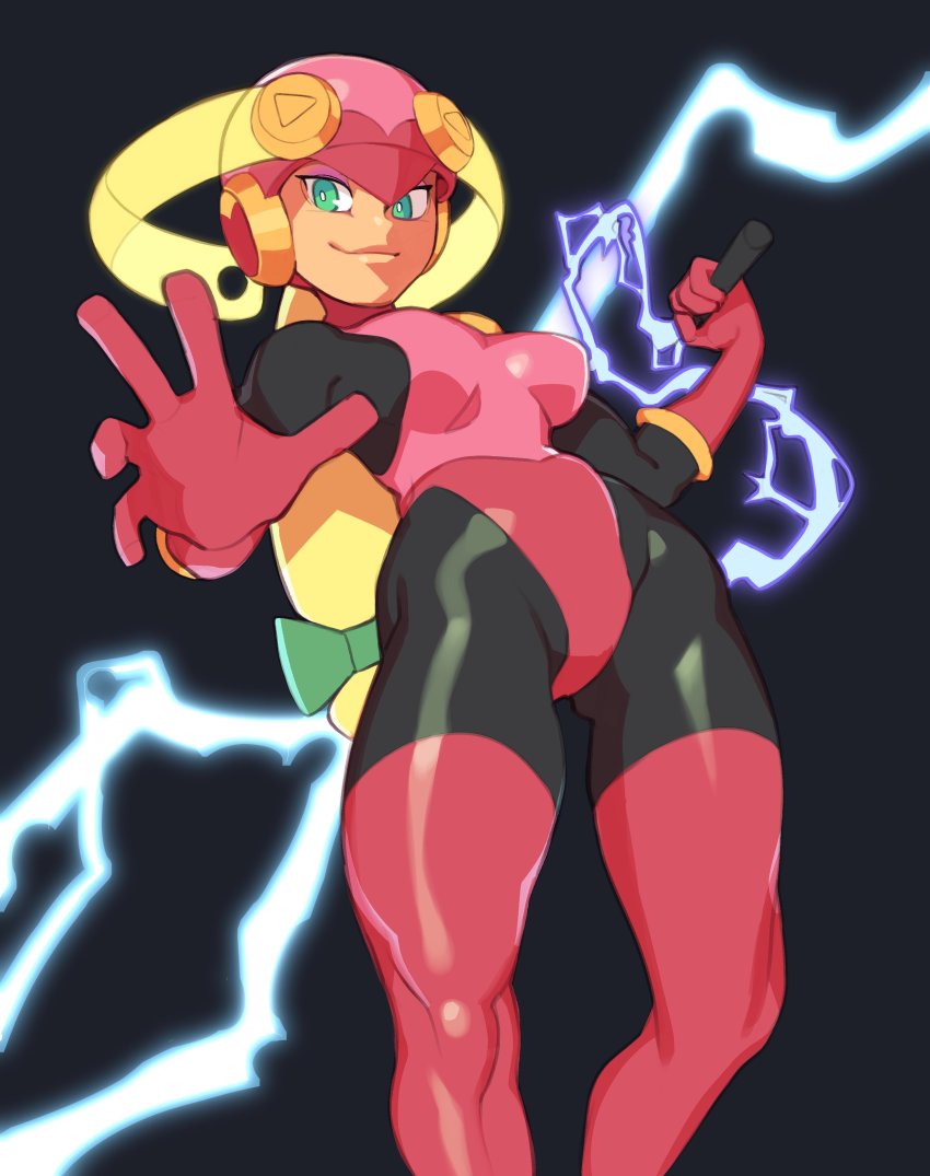 1girl absurdres alternate_breast_size black_bodysuit blonde_hair blue_background bodysuit boots bow breasts breasts_apart bright_pupils capcom clenched_hand combos_&amp;_doodles commentary corruption curvy electric_whip electricity english_commentary evil_smile eyeshadow feet_out_of_frame gluteal_fold green_bow groin hair_bow hand_up heart helmet highleg highleg_leotard highres holding holding_weapon knees legs_apart leotard long_hair looking_at_viewer makeup mega_man_(series) mega_man_battle_network mega_man_battle_network_(series) multicolored_bodysuit multicolored_clothes pink_eyeshadow pink_headwear pink_helmet pink_leotard reaching reaching_towards_viewer roll.exe_(mega_man) shiny_clothes simple_background smile smirk solo thigh_boots thighhighs thighs toned two-tone_leotard very_long_hair weapon whip white_pupils wide_hips