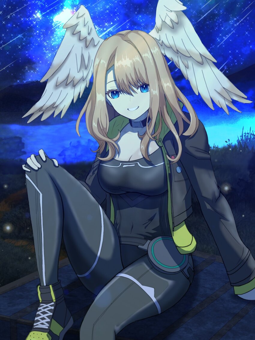 1girl black_bodysuit black_choker blue_eyes bodysuit breasts brown_hair choker commentary eunie_(xenoblade) green_hoodie hand_on_own_knee head_wings highres hood hoodie jacket leather leather_jacket looking_at_viewer matchanosuke_fe medium_breasts medium_hair open_clothes outdoors simple_background sitting smile solo white_wings wings xenoblade_chronicles_(series) xenoblade_chronicles_3