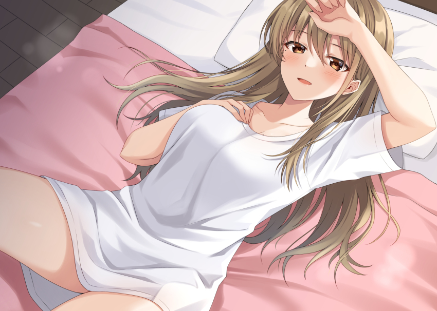 1girl arm_up bed blush breasts brown_eyes brown_hair class_no_gyaru_ga_nazeka_ore_no_gimai_to_nakayoku_natta. cleavage collarbone cowboy_shot dutch_angle female_focus hair_between_eyes hair_over_shoulder hand_on_own_chest highres indoors komori_kuzuyu long_hair looking_at_viewer lying matching_hair/eyes medium_breasts mole mole_on_breast mole_under_eye no_pants novel_illustration official_art on_back on_bed open_mouth pillow shirt short_sleeves smile solo t-shirt takarai_yua textless_version thighs very_long_hair white_shirt wooden_floor