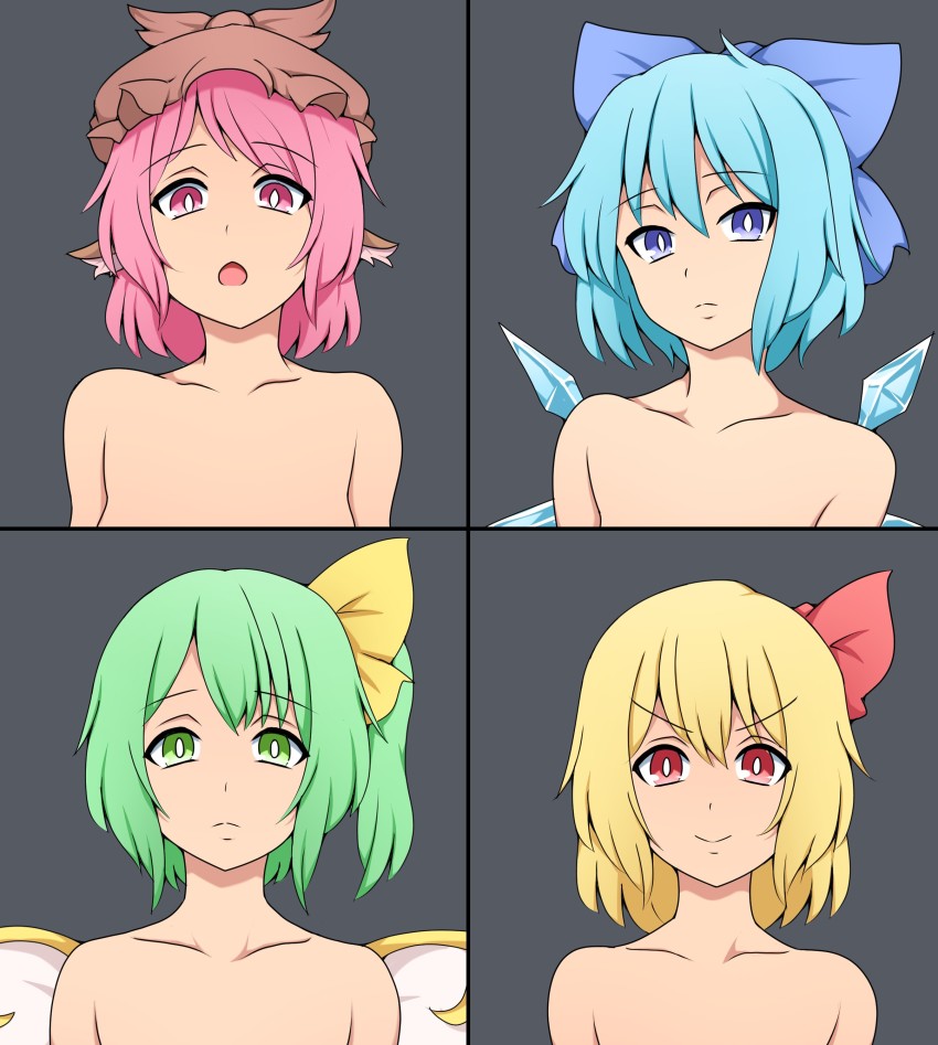 4girls absurdres blonde_hair blue_eyes blue_hair breasts cirno collarbone commentary_request daiyousei don&#039;t_say_&quot;lazy&quot; fairy_wings flat_chest frown green_eyes green_hair hair_ribbon hat highres ice ice_wings k-on! mob_cap multiple_girls mystia_lorelei nude one_side_up out-of-frame_censoring parody pink_eyes pink_hair red_eyes ribbon rumia small_breasts smile suwaneko team_9_(touhou) touhou upper_body v-shaped_eyebrows wings