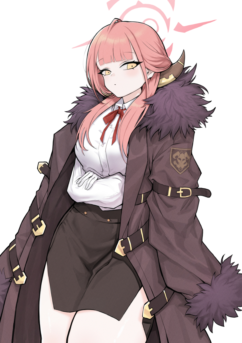 1girl :o ahoge arms_under_breasts aru_(blue_archive) bare_legs black_skirt blue_archive blunt_bangs blush breasts brown_coat buckle cleavage closed_mouth coat coat_on_shoulders collared_shirt commentary_request crossed_arms demon_horns feet_out_of_frame fur-trimmed_coat fur_collar fur_trim gloves hair_over_shoulder halo head_tilt highres horns large_breasts legs_together long_coat long_hair long_sleeves looking_at_viewer loose_neck_ribbon neck_ribbon open_clothes open_coat orange_eyes parted_lips pencil_skirt pink_hair red_ribbon ribbon shirt shirt_tucked_in side_slit sidelocks skirt solo white_gloves white_shirt yosik