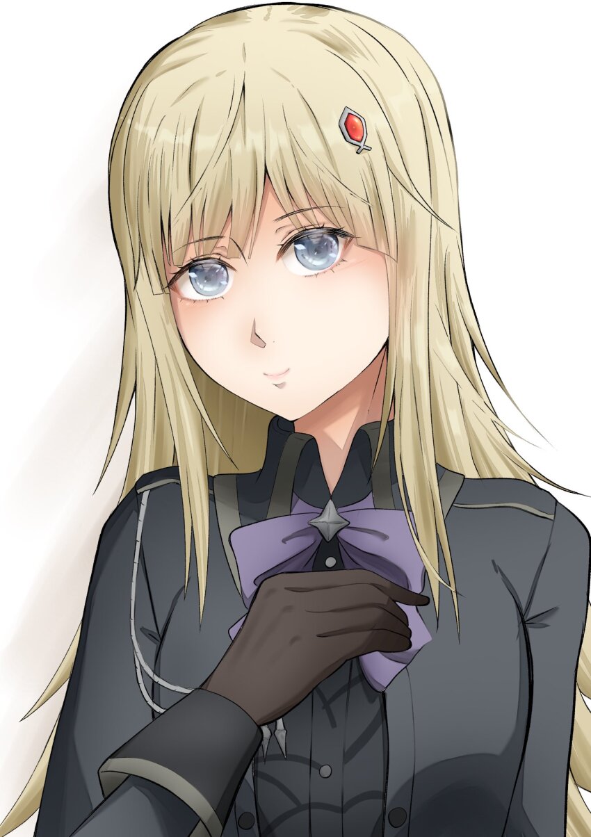 1girl arm_at_side assault_lily black_gloves black_jacket black_shirt blonde_hair blue_eyes bow bowtie buttons closed_mouth commentary_request gem gem_hair_ornament gloves gradient_background grey_background hair_ornament hand_on_own_chest hand_up highres jacket long_hair looking_at_viewer michikawa_miaki murasama open_clothes open_jacket purple_bow purple_bowtie red_gemstone school_uniform shirt sidelocks smile solo two-tone_background upper_body white_background