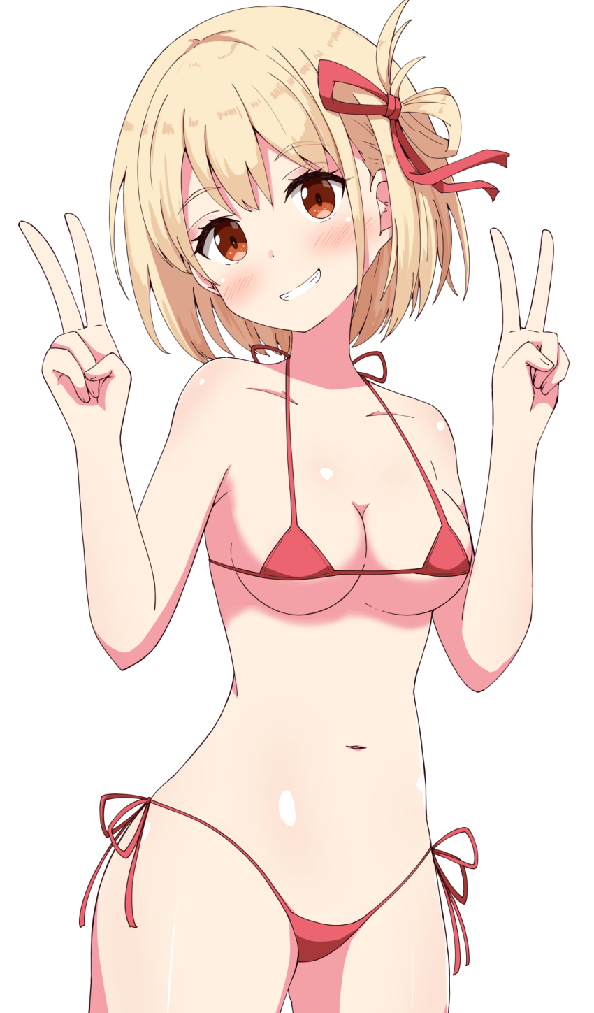 1girl aikawa_ryou bare_arms bare_shoulders bikini blonde_hair blush breasts brown_eyes collarbone commentary_request cowboy_shot double_v grin hair_between_eyes hair_ribbon hands_up head_tilt highleg highleg_bikini highres looking_at_viewer lycoris_recoil medium_breasts micro_bikini navel nishikigi_chisato red_bikini red_ribbon ribbon side-tie_bikini_bottom simple_background smile solo standing swimsuit v white_background