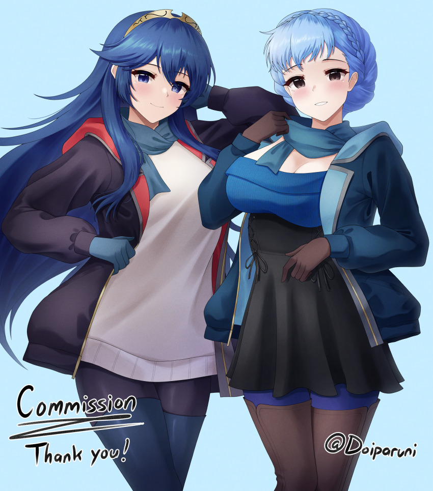 2girls alternate_costume black_jacket blue_eyes blue_gloves blue_hair blue_jacket blue_scarf braid breasts brown_eyes brown_gloves cleavage commentary commission contemporary crown_braid doiparuni english_commentary fire_emblem fire_emblem:_three_houses fire_emblem_awakening gloves hair_between_eyes highres jacket large_breasts long_hair lucina_(fire_emblem) marianne_von_edmund medium_breasts multiple_girls nintendo open_clothes open_jacket scarf shirt short_hair smile thank_you tiara twitter_username white_shirt