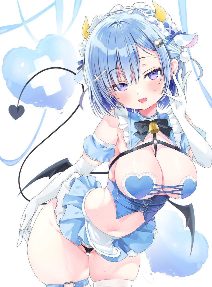 1girl absurdres animal_ears bell blue_hair blush breasts demon_tail demon_wings elbow_gloves frills gloves hair_ornament highres horns large_breasts looking_at_viewer microskirt navel neck_bell nikuya_(nikuniku_nikuya) original short_hair skirt solo tail thigh_strap thighhighs white_gloves white_thighhighs wings