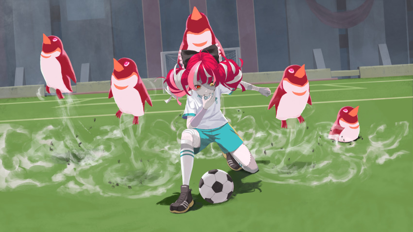 1girl ball bird bow colored_skin commentary_request double_bun grey_hair hair_bow hair_bun heterochromia highres hissatsu hololive hololive_indonesia inazuma_eleven_(series) jersey kneeling koutei_penguin_1gou koutei_penguin_no.1 kureiji_ollie laing multicolored_hair parody patchwork_skin penguin red_eyes red_hair short_sleeves shorts soccer soccer_ball soccer_field soccer_uniform solo sportswear stadium stitched_arm stitched_face stitched_leg stitches virtual_youtuber whistling white_hair yellow_eyes zombie