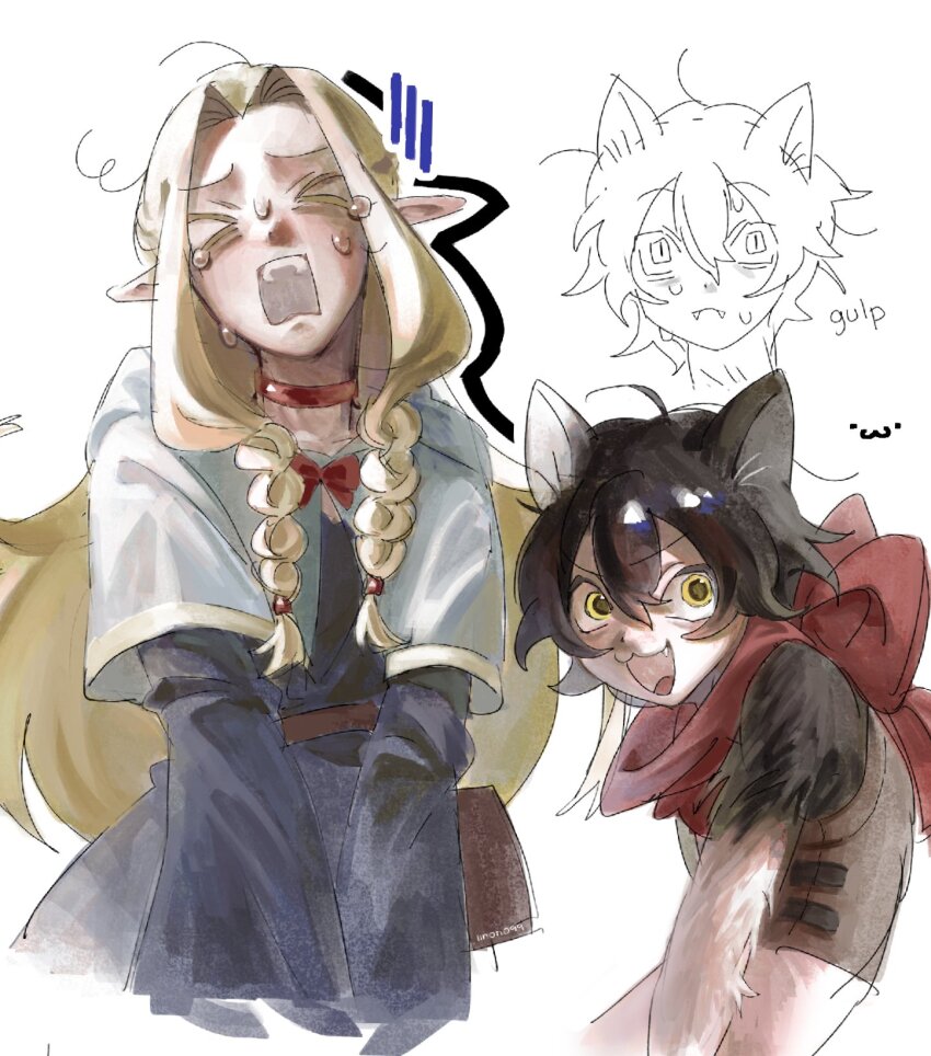 &gt;_&lt; 09iinowq8 2girls :3 animal_ears artist_name black_hair blonde_hair body_fur braid cat_girl dungeon_meshi fang hair_between_eyes highres izutsumi long_hair marcille_donato multiple_girls multiple_views open_mouth pointy_ears short_hair sweat tears v-shaped_eyebrows white_background yellow_eyes