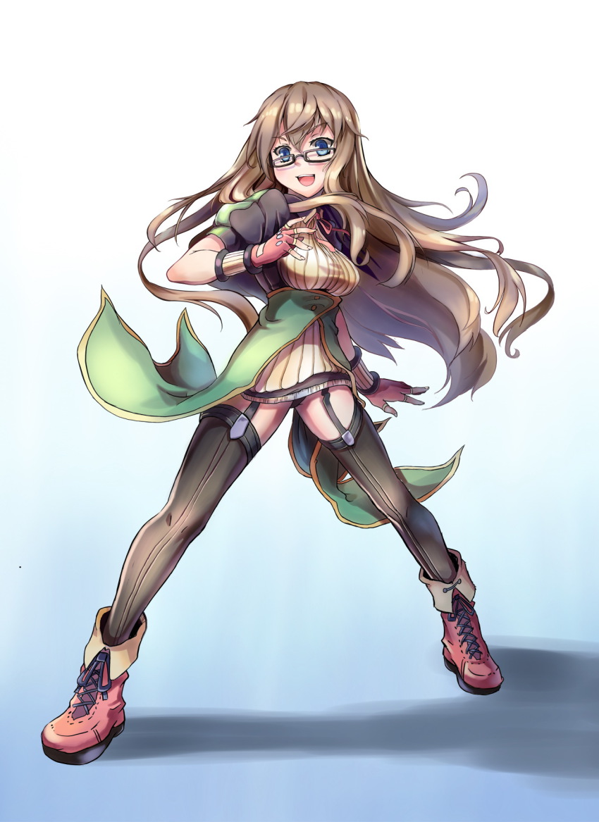 &gt;:d 1girl :d bad_id bad_pixiv_id blue_eyes brown_hair female_focus fingerless_gloves garter_straps glasses gloves highres long_hair looking_at_viewer open_mouth original shoes smile solo tama_yu thighhighs v-shaped_eyebrows